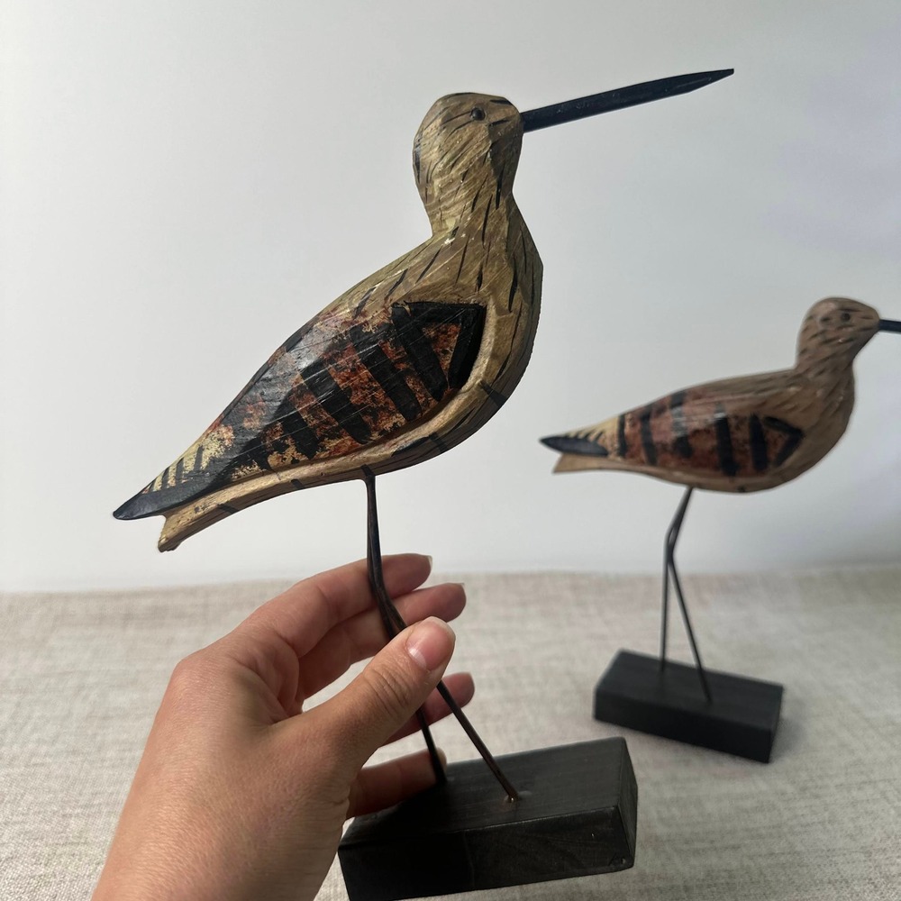 Pair of Carved Wood Shorebird Figurines | Sandpiper Coastal Bird Decor